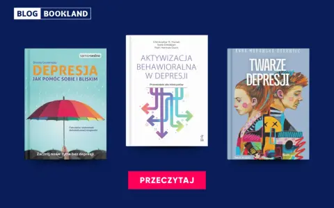 Trzy okładki książek o depresji: z parasolką, schematem i portretami.