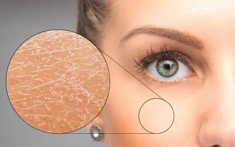 Gros plan sur un œil et une partie du visage d'une femme, avec un zoom montrant la **peau sèche du visage** craquelée et une autre zone plus lisse.