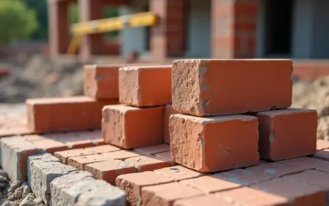Stos cegieł na budowie. Widać różne cegły, niektóre ułożone w stosy, inne na ziemi. W tle budynek w trakcie budowy. Cegła wymiary są kluczowe dla budowniczych.