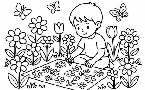 Un jeune garçon, parfait pour les débutants en dessin noir et blanc, dessine des fleurs et des papillons dans un jardin.