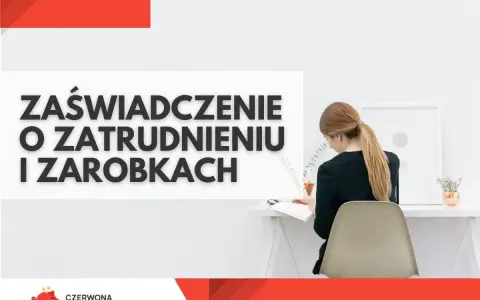 Kobieta siedzi przy biurku, pracując nad dokumentami. Na ekranie widnieje napis "Zaświadczenie o zatrudnieniu i zarobkach".