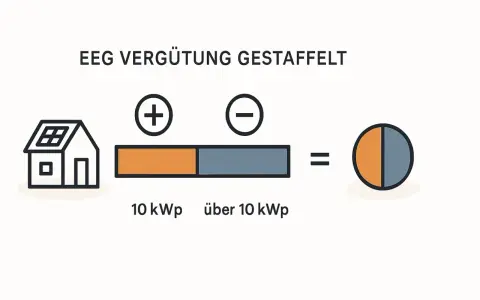 Schema zur gestaffelten EEG-Vergütung in Deutschland: Haus mit Solaranlage, geteilter Balken für 10 kWp und über 10 kWp, ergibt Kreisdiagramm.