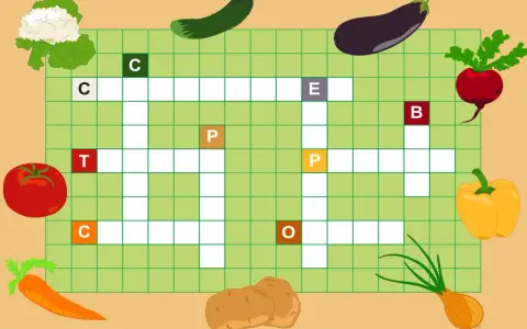 Cruciverba online con verdure: cavolfiore, pomodoro, carota, cipolla, patate, peperone, melanzana, rapa, cetriolo.