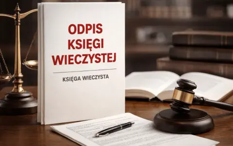 Odpis księgi wieczystej: kto może uzyskać ten dokument? Na biurku prawnika leży księga, waga sprawiedliwości i młotek sędziowski.