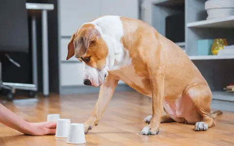 Un chien brun et blanc joue à un jeu d'intelligence fait maison, cherchant une friandise cachée sous l'un des gobelets.