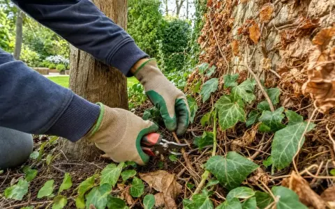 Mains gantées taillant le lierre grimpant au pied d'un arbre et d'un mur couvert de feuilles sèches.