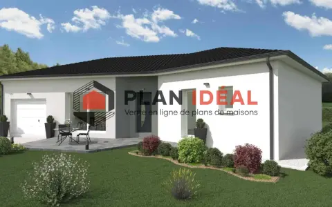 Une maison moderne de 110m2 avec garage, terrasse et jardin paysager. Le logo PLAN IDEAL est visible.