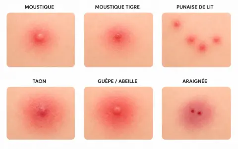 Comparaison de six types de piqûres : moustique, moustique tigre, punaise de lit, taon, guêpe/abeille et araignée. Chaque image montre un différent bouton sur la peau.