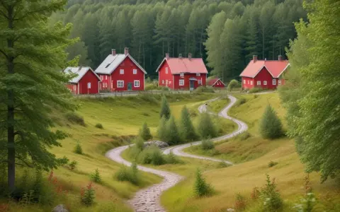 Röda hus i Småland, slingrande väg genom grönskande landskap. Perfekt för udda utflykter småland.