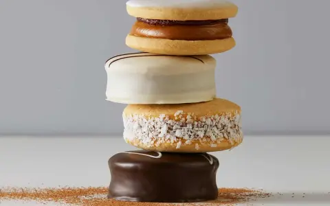 Una pila de alfajores, dulces típicos de Argentina y Uruguay, cubiertos de chocolate, coco y glaseado.