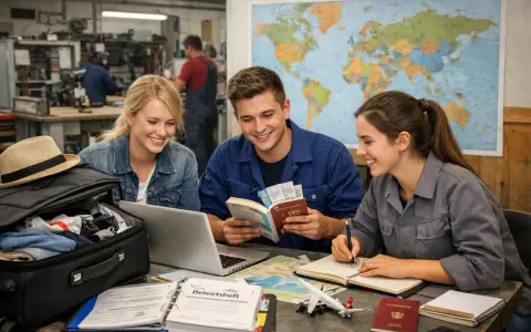 Drei junge Leute planen ihre berufsausbildung usa vergleich. Sie sitzen an einem Tisch mit einer Weltkarte, Pässen und einem Koffer.
