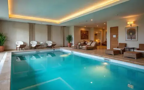 Elegancki basen hotelowy z turkusową wodą, wygodnymi leżakami i stylowymi meblami wypoczynkowymi.