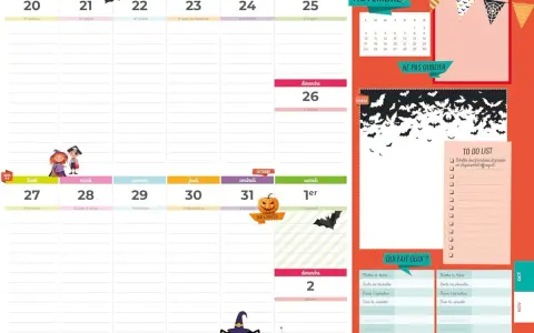 Calendrier d'octobre et novembre avec des illustrations d'Halloween. Idéal pour organiser votre agenda familial, application de planification.