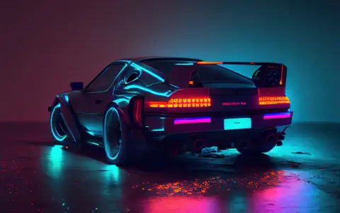 Neonowe, tanie sportowe auta w stylu retrofuturystycznym, odbijające się w mokrej nawierzchni.