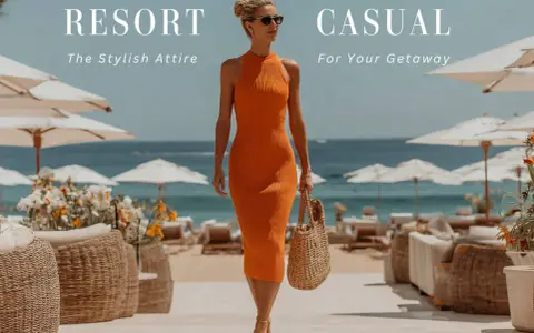 A woman walks on a beach path in a vibrant orange dress, showcasing resort casual attire. Umbrellas and lounge chairs dot the sandy shore.