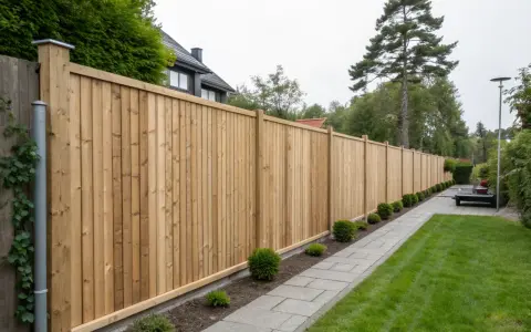 Nybyggt trästaket längs en grönskande trädgård. En stenlagd gång leder förbi staketet, som ger en känsla av avskildhet och ordning.