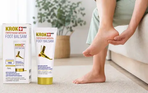 Balsam Krok Med Foot Balsam to pomoc w leczeniu ostrogi piętowej. Kobieta masuje bolącą piętę.
