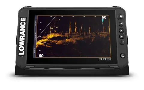 Écran Lowrance Elite FS affichant un sonar SideScan, idéal pour l'installation de sonde.