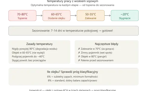 Schemat przedstawia optymalną temperaturę topnienia wosku sojowego (70-80°C) i kolejne etapy produkcji świec.