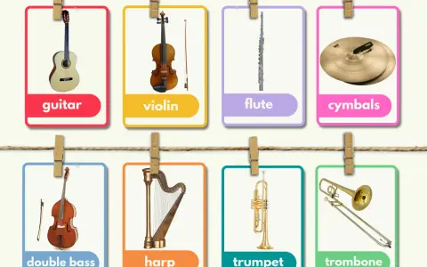 Un ensemble d'images d'instruments de musique : guitare, violon, flûte, cymbales, contrebasse, harpe, trompette et trombone.