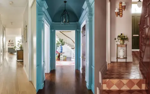 Paleta de colores para pasillos: tonos neutros, azul cielo y rosa pálido crean ambientes acogedores y elegantes.