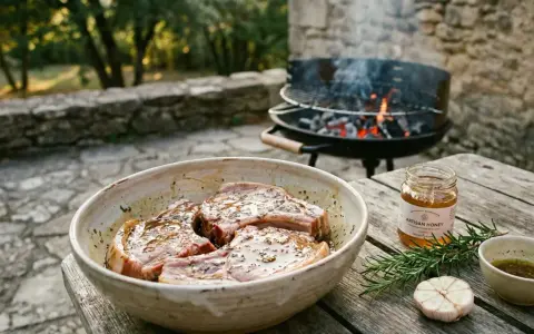 Côtelettes de porc dans une marinade savoureuse, prêtes pour le barbecue. Miel artisanal, romarin et ail complètent la scène.