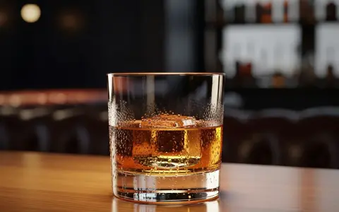 Ett glas med en gyllene dryck, en isbit och kondens på glaset. En perfekt godfather drink på en träyta.