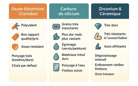 Comparaison des grains abrasifs : oxyde d'aluminium (polyvalent, bon pour ponçage bois), carbure de silicium (tranchant, pour vernis/peinture) et zirconium/céramique (très dur, gros travaux).