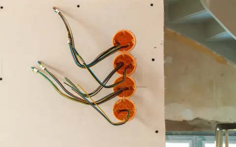 Instalacja elektryczna w trakcie prac. Widoczne puszki instalacyjne i kolorowe przewody wychodzące ze ścianki działowej.