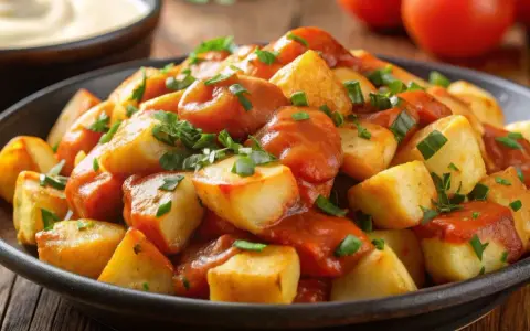 En skål med gyllene, friterade potatisbitar täckta av en kryddig tomatsås och toppade med färska örter. En klassisk rätt med patatas bravas.