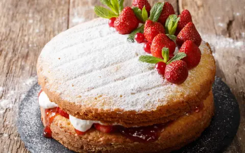 Gâteau génoise fraise, garni de crème, confiture et fruits rouges frais, saupoudré de sucre glace.