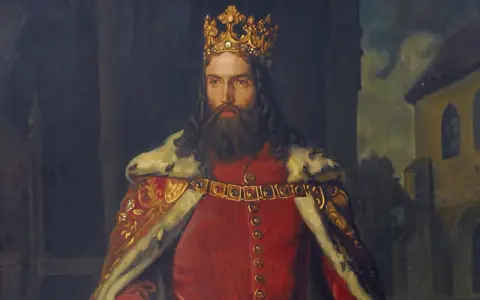Portret króla Kazimierza Wielkiego, który zasłużył na ten przydomek dzięki swoim dokonaniom. Król w koronie i purpurowym płaszczu.