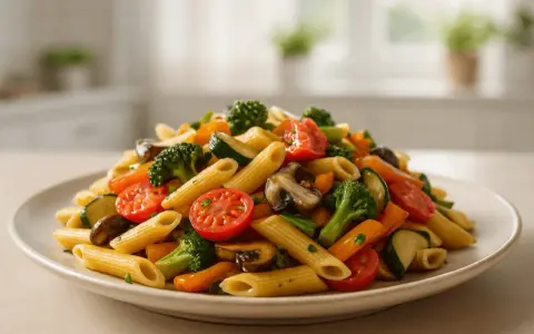 Kolorowy makaron penne z brokułami, pomidorkami, cukinią i pieczarkami. Idealny przepis na Pasta Primavera.