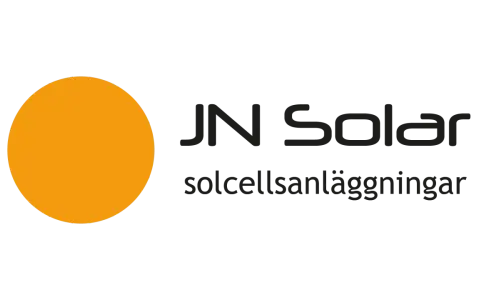 JN Solar: solcellsanläggningar. En orange sol till vänster, texten JN Solar och solcellsanläggningar till höger.