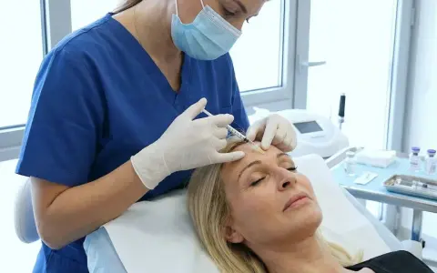 Medico esegue iniezione di botulino per chirurgia estetica sul viso di una donna.