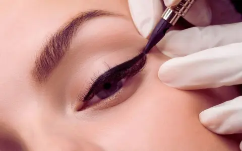 Application d'un eye liner permanent. Le processus de maquillage permanent, incluant la cicatrisation, pour un regard intense.
