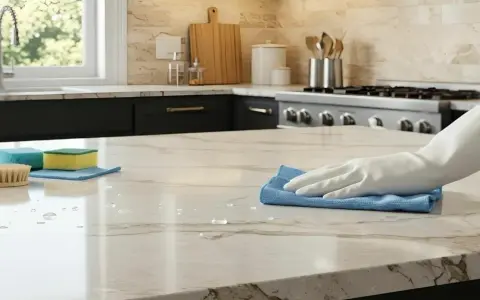 Main d'une personne portant un gant blanc, essuyant un comptoir en pierre naturelle avec un chiffon bleu. Le nettoyage de pierre naturelle à l'intérieur est essentiel pour préserver sa beauté.