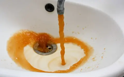 Brązowa woda z kranu, prawdopodobnie z powodu manganu w wodzie pitnej, tworzy rdzawy osad w białej umywalce.