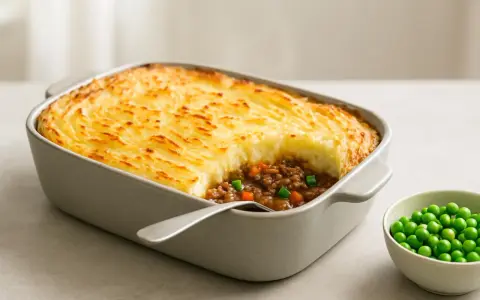 En gyllene gratinerad cottage pie med köttfärs och grönsaker, redo att serveras. Ett perfekt recept för en mysig middag.