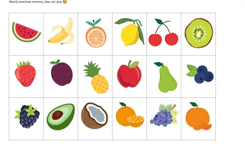 Kolorowe owoce do druku: arbuz, banan, pomarańcza, cytryna, wiśnie, kiwi, truskawka, śliwka, ananas, jabłko, gruszka, borówki, jeżyna, awokado, kokos, mandarynka, winogrona.