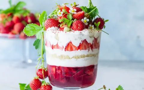 Verrine fraise fromage blanc, un délice estival en couches de génoise, crème et fruits rouges frais, décorée de fraises et de fleurs.