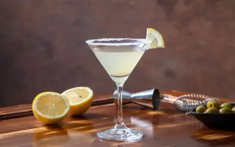 Elegancki drink Martini Bianco z cytrynową ozdobą i słonym rantem, obok połówki cytryny i oliwek.
