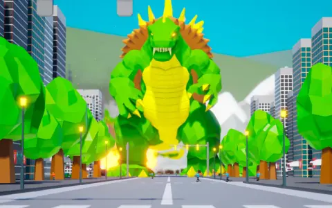 Un enorme monstruo verde estilo anime irrumpe en la ciudad, ¡listo para la acción en tus juegos anime pc!