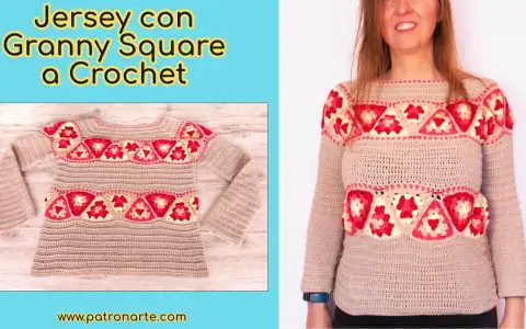 Jersey beige con detalles de granny squares en rosa y amarillo. ¡Encuentra el patrón jersey crochet gratis para crear el tuyo!