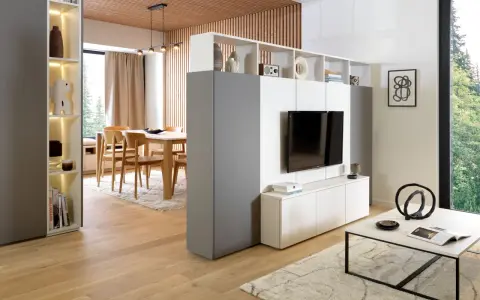 Aménagement salon TV moderne avec séparation de pièces, étagères et mobilier épuré.