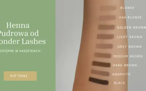 Próbki henny pudrowej Wonder Lashes na skórze ramienia. Dostępne odcienie: Blonde, Ash Blonde, Golden Brown, Light Brown, Grey Brown, Medium Brown, Dark Brown, Graphite, Black.