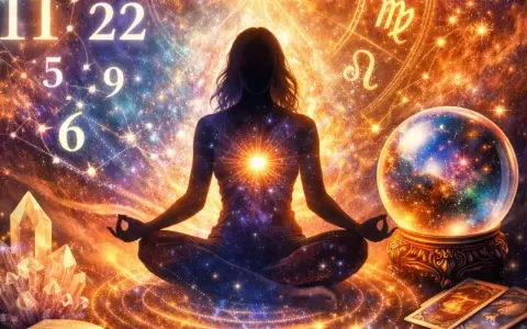 Kobieta w pozie medytacyjnej, otoczona kosmiczną energią, kryształami i tarota. W tle liczby i znaki zodiaku, symbolizujące rok numerologiczny 2.