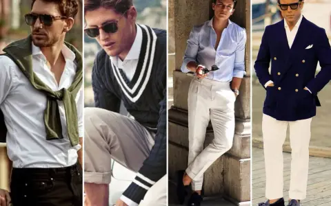 Cuatro hombres con estilo "old money": camisas, suéteres, pantalones de lino y blazers, todos con un aire de elegancia atemporal.