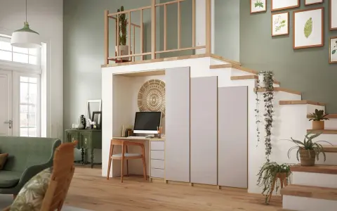 Bureau intégré sous l'escalier, avec plantes retombantes et cadre en bois. Une belle idee deco cage escalier.