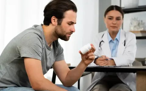 Mężczyzna zamyślony trzyma pojemnik z lekami. Lekarka siedzi za biurkiem, sugerując ponowne zwolnienie lekarskie po 182 dniach choroby.